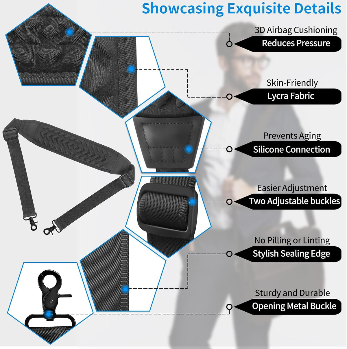 FIEIL 3D Air Cushion Ultra Comfortable Duffel Bag Strap,55" Universal Laptop Shoulder Strap, with Double Adjustable Buckles and Metal Hooksfor Briefcase Computer Messenger Bag (140CM Reduced Stress)