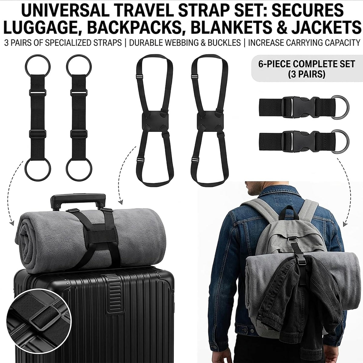 6 Pcs Travel Luggage Straps for Suitcases, Add a Bag Gear Connector Set