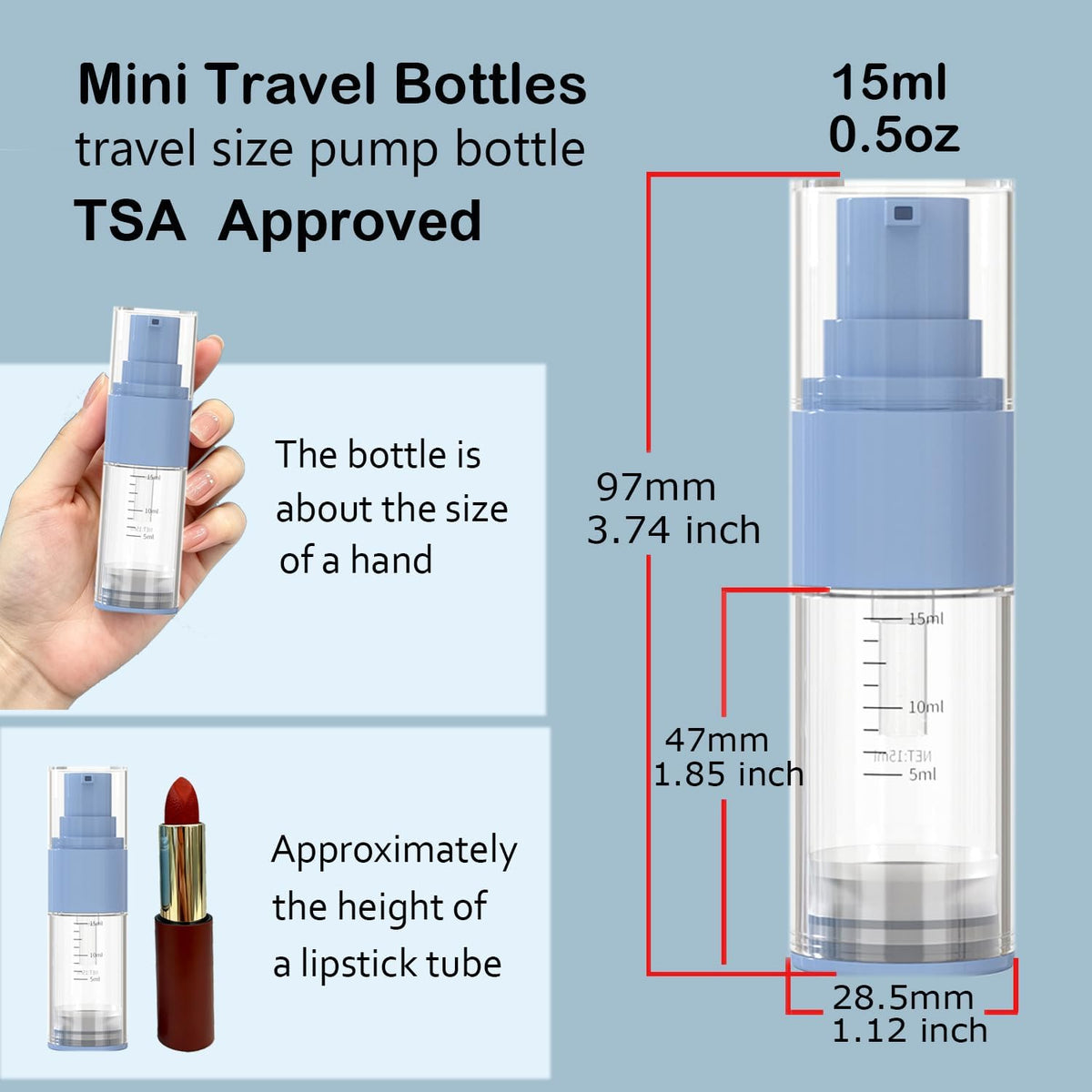 Travel Size Airless Pump Bottles 0.5oz/15ml, 5-Pack