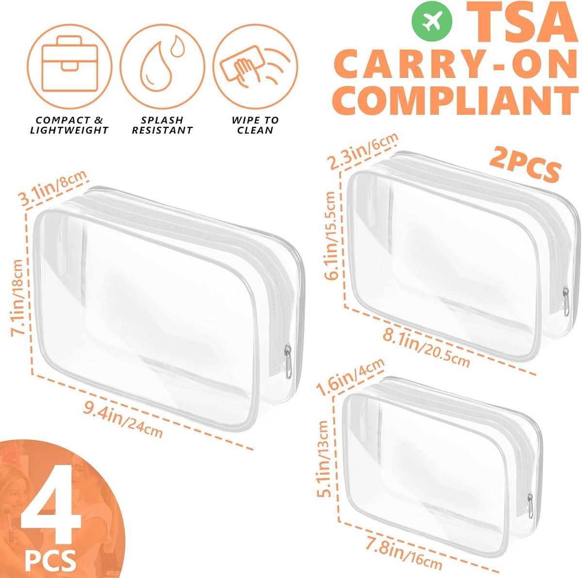 AURUZA Clear Makeup Bag,Portable Travel Toiletry Bags with Zipper, TSA Approved Clear Organizer Bags, PVC Cosmetic Pouch for Airport Airline Compliant