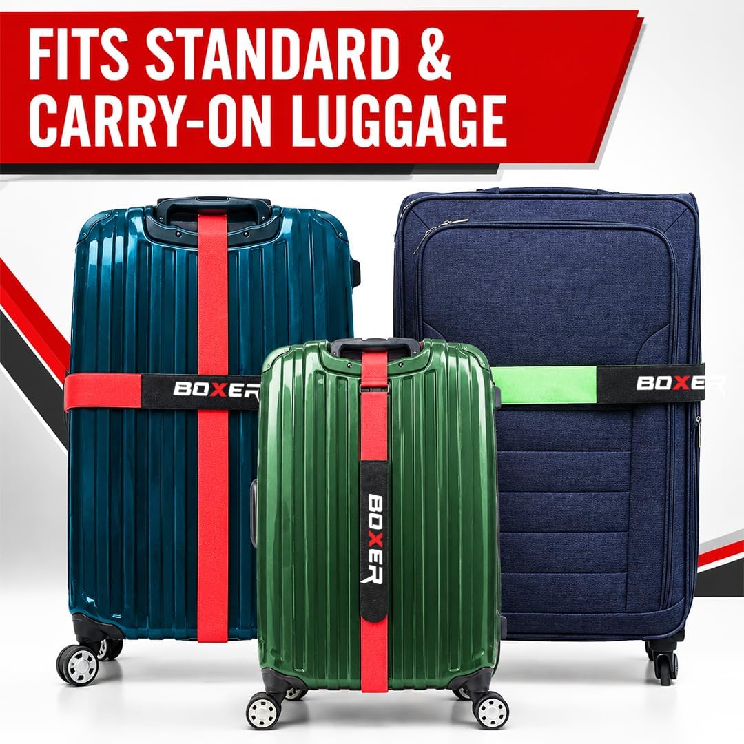 BXR TravelGrip Luggage Straps - 4 Pack Travel Luggage Straps, Heavy Duty Cinch Strap, Easy to Use and Adjust - TSA Approved (Red - Neon Gren)