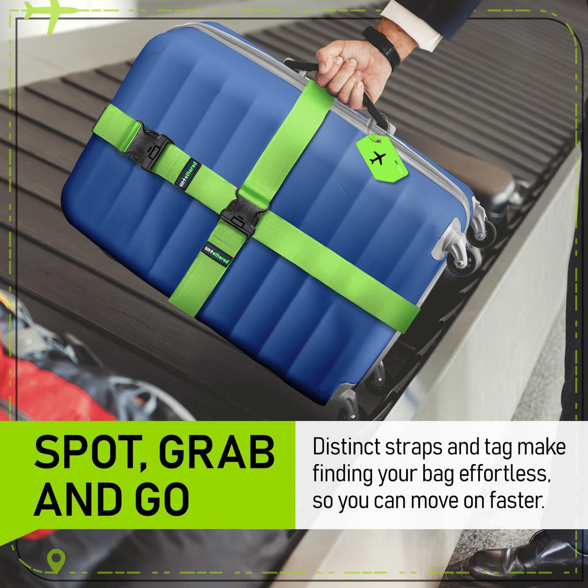 Untethered Travel Set: Luggage Straps & Silicone Tags, 4-Pack, Green