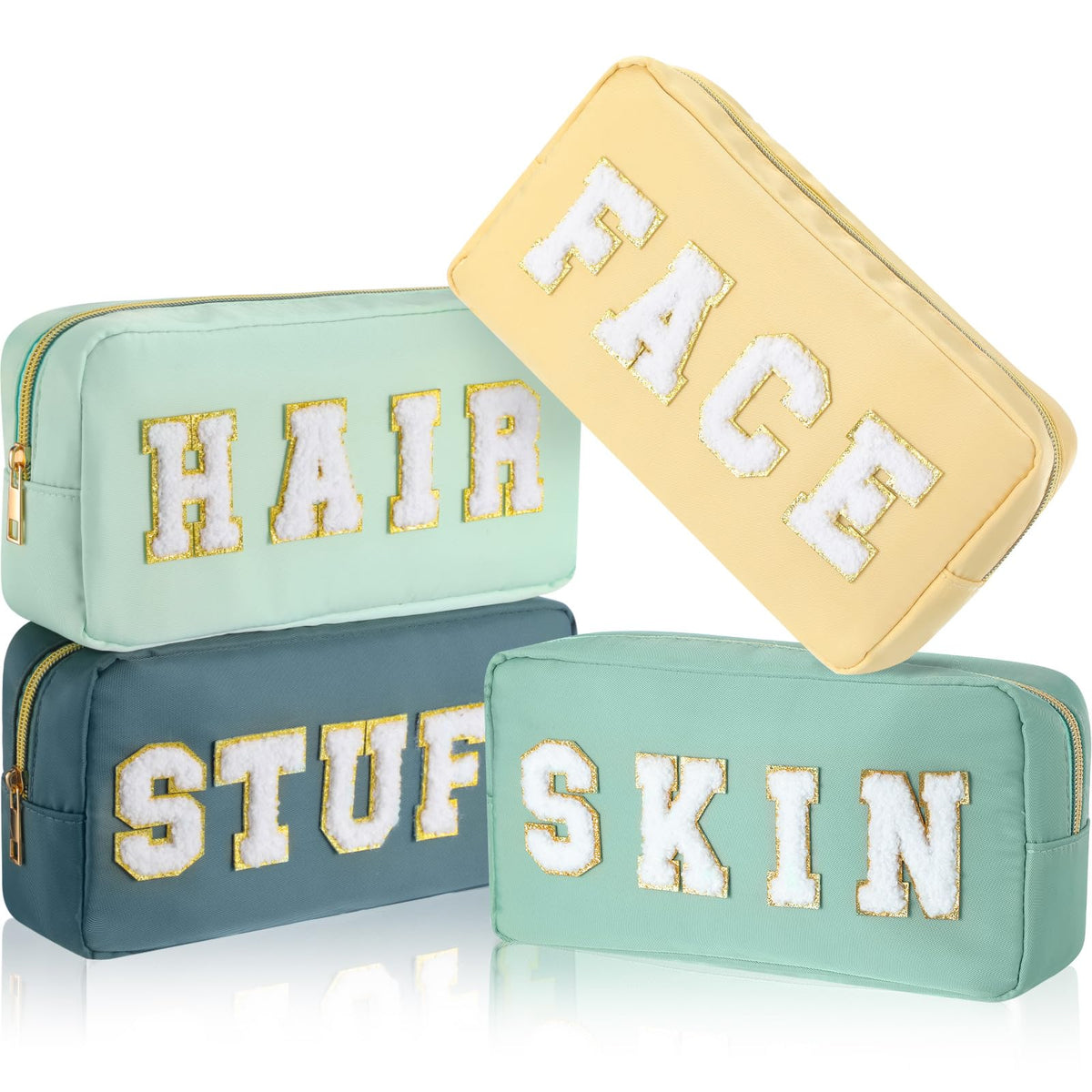 Preppy Makeup Bags Chenille Letter Stuff Bag Nylon Cosmetic Pouch Cases with Zipper for Women Travel Toiletry(Brown Set,Classic,4 Pcs)