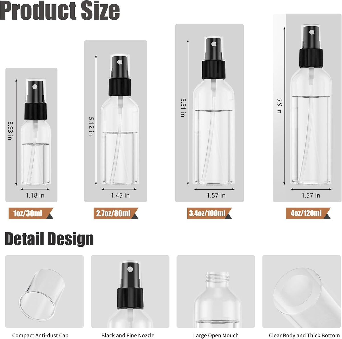 EPHECH 1oz/30ml Small Spray Bottles, 100PCS Travel Plastic Spray Bottles