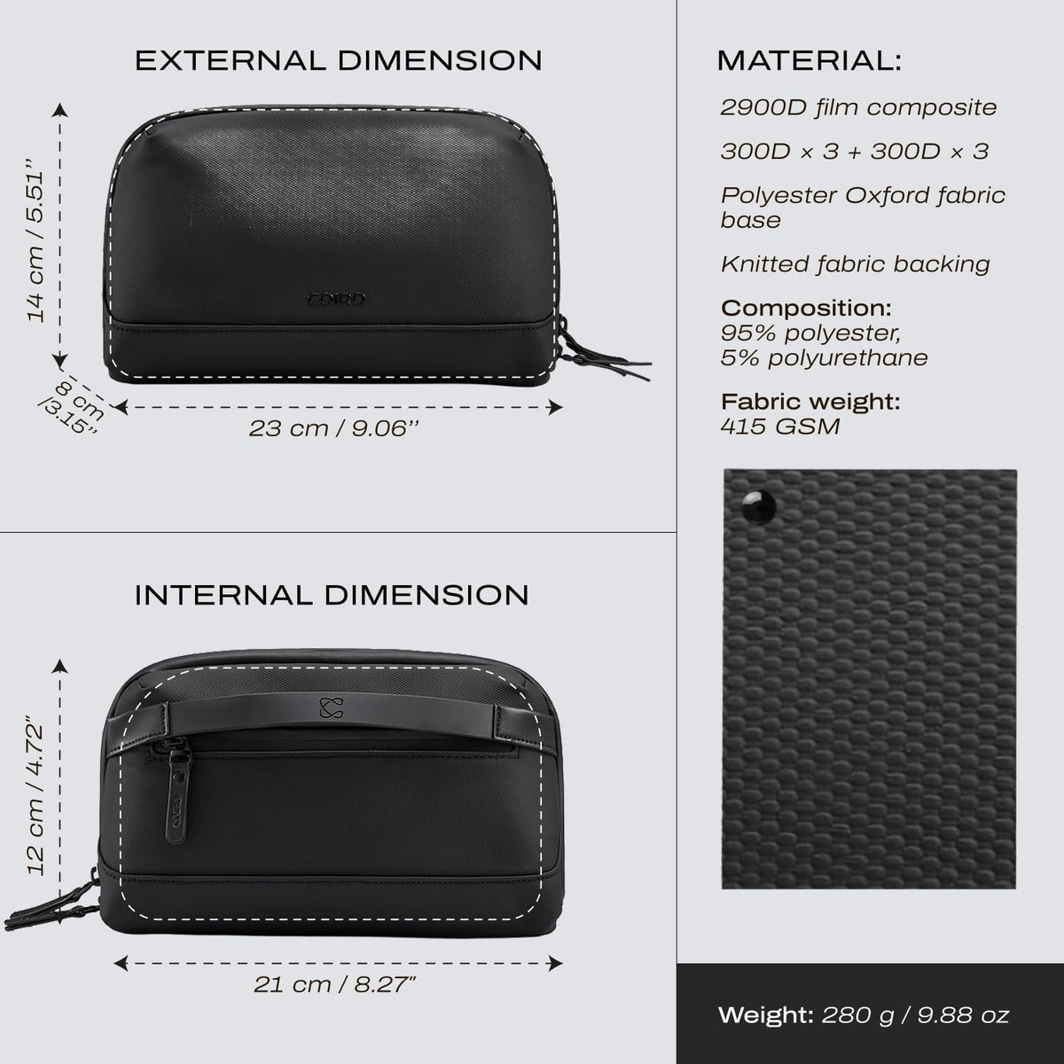 C Coiro Travel Toiletry Bag for Men and Women, Upright or Hanging Dopp Kit