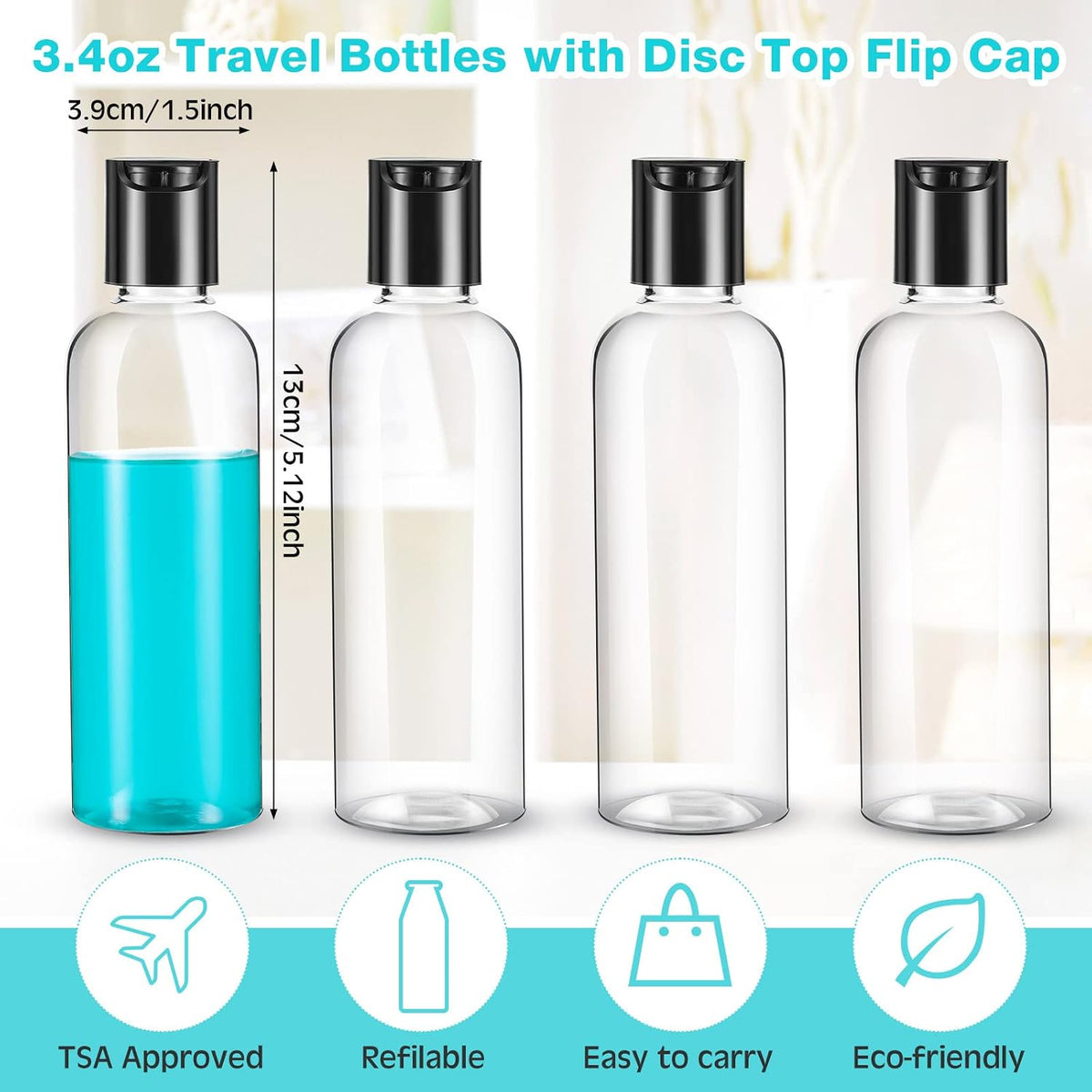Roshtia 100 Pcs 3.4 oz Travel Bottles Clear Plastic Refillable(Black)