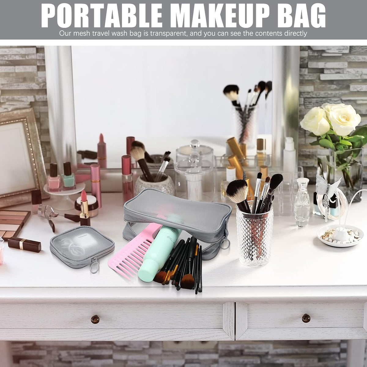 Weewooday 4Pcs Mesh Makeup Bag, Gray, Small, Large, Medium, Classic