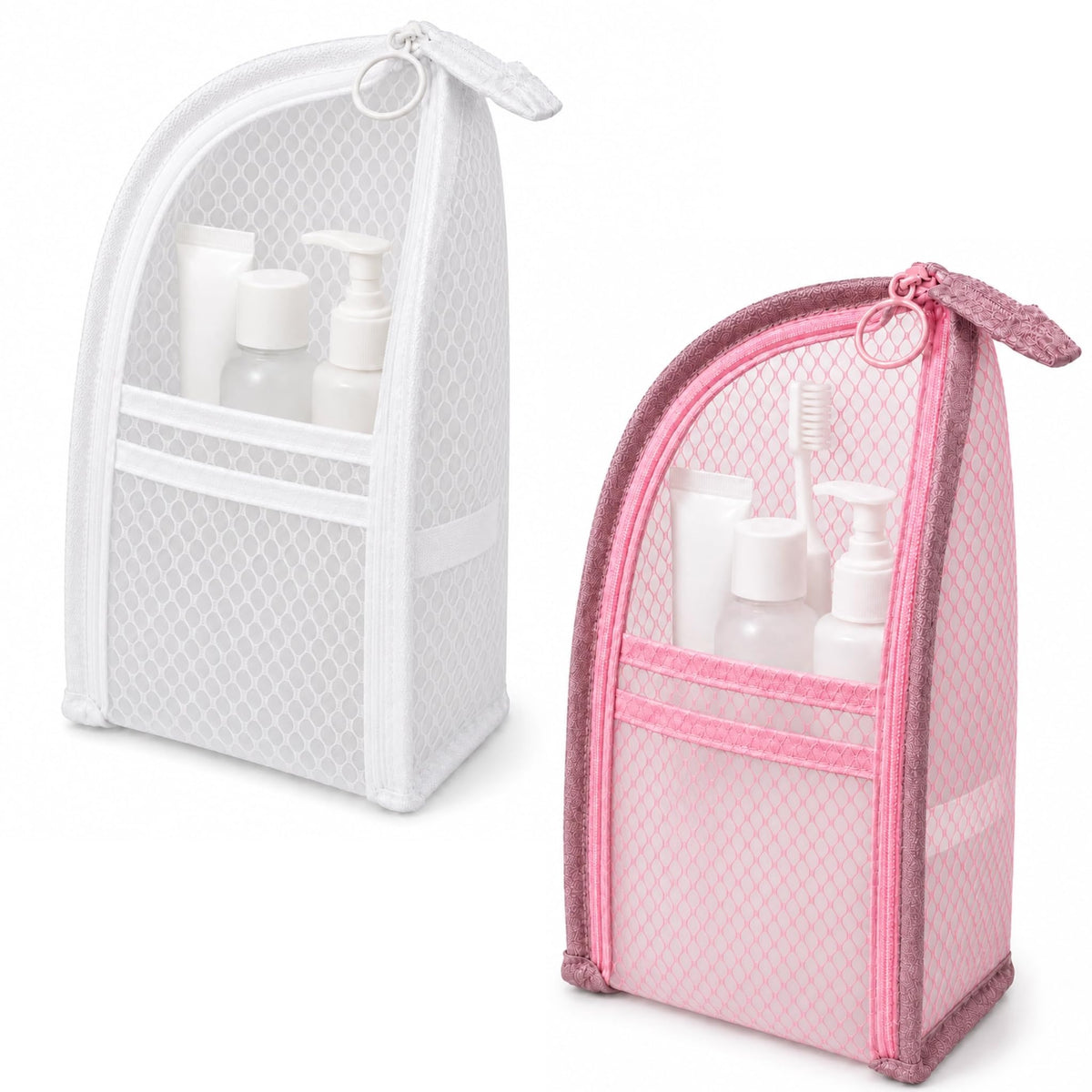 Standing Toiletry Bag Set, 4 Pack Portable EVA Mesh Travel Toiletry Pouches with Elastic Straps and Hanging Hole, Waterproof Makeup Organizer for Women Men - White Black Gray & Pink