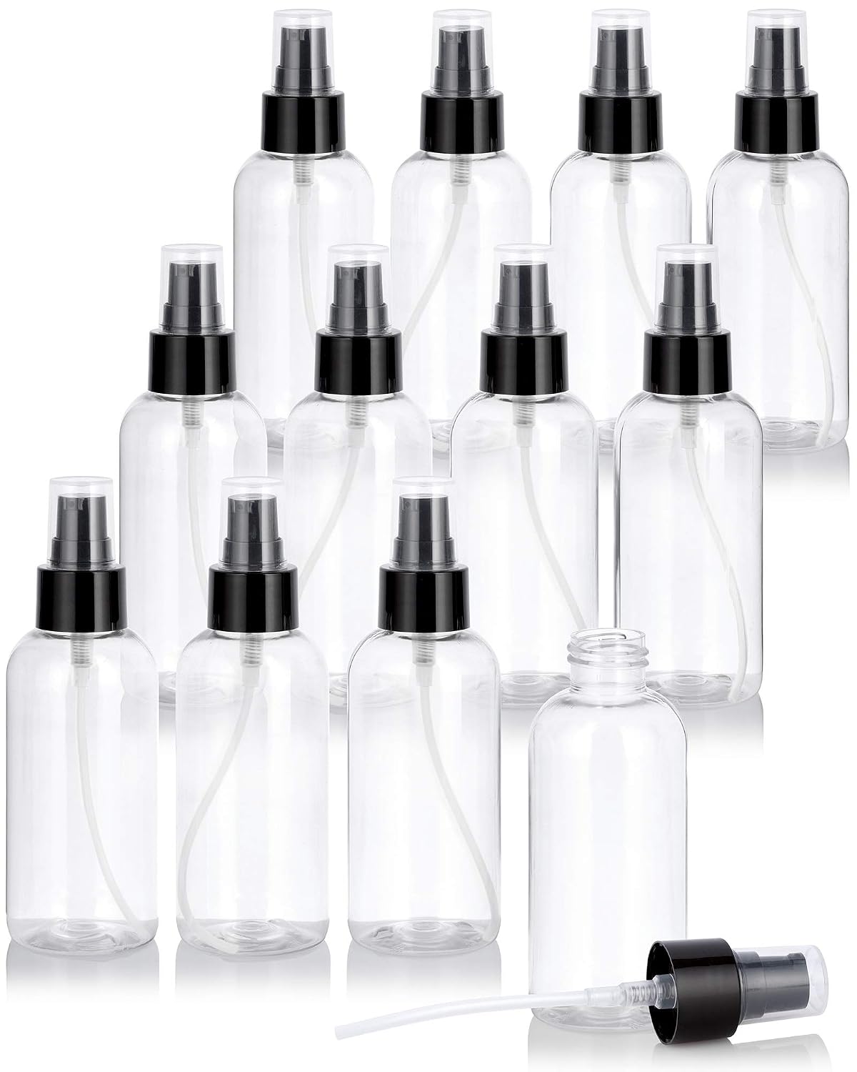 JUVITUS 4 oz / 120 ml Clear Plastic PET Boston Round Bottle (BPA Free) with Black Treatment Pump (12 pack)