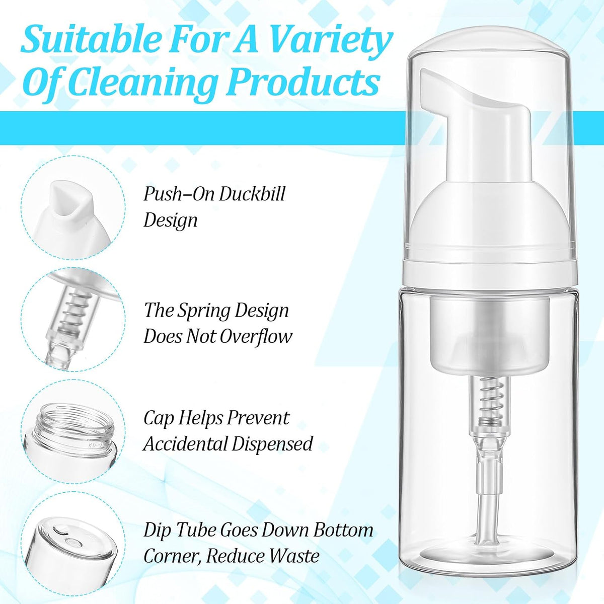 50Pcs Foam Pump Bottle 1oz Refillable Dispenser Bulk Travel Size Plastic Mini Empty Foaming Bottles 1 oz Portable Clear Foaming Pump Bottle for Lash Shampoo, Cleaning, Cosmetics (30ml)