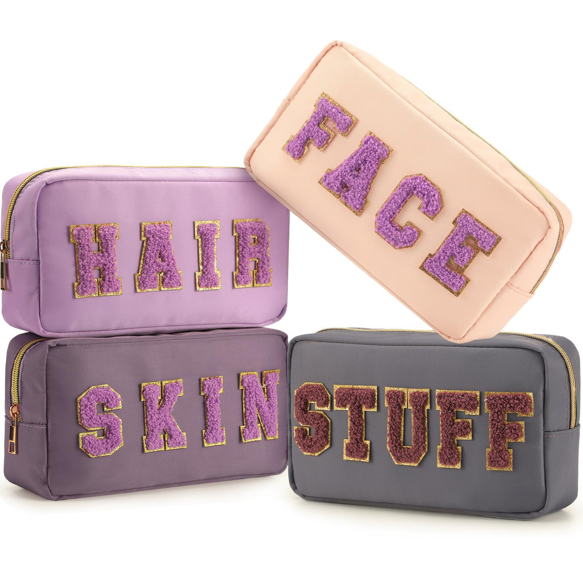 Preppy Makeup Bags Chenille Letter Stuff Bag Nylon Cosmetic Pouch Cases with Zipper for Women Travel Toiletry(Brown Set,Classic,4 Pcs)