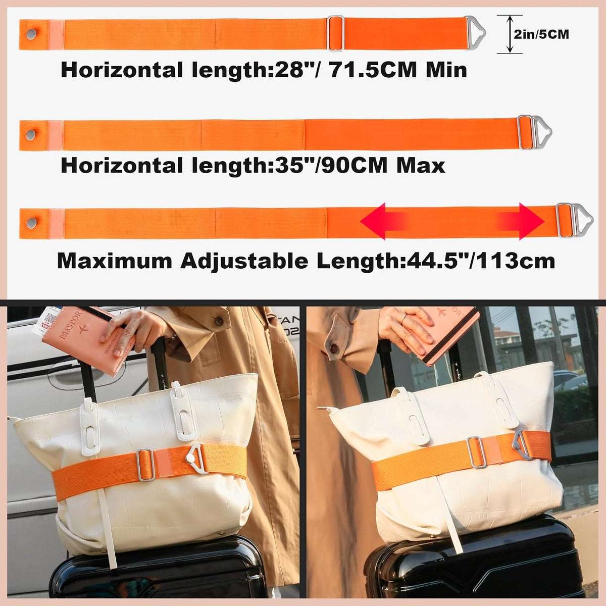 TOOVREN 2-in-1 Travel Belt for Luggage Straps Add a Bag Bungees Suitcase Luggage Strap Over Handle Suitcases Belt for Carry On Bag Adjustable Backpack Attachment Airport Travel Accessories Orange