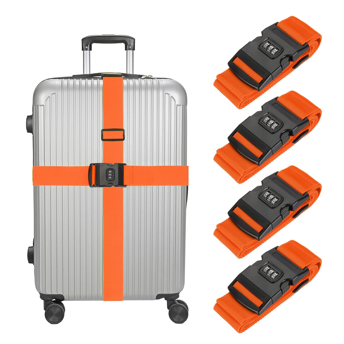 MECCANIXITY Luggage Straps with Combination Lock Adjustable Suitcase Belt Strap for Suitcase Briefcase Backpack Travel, Gray-Orange, Pack of 4