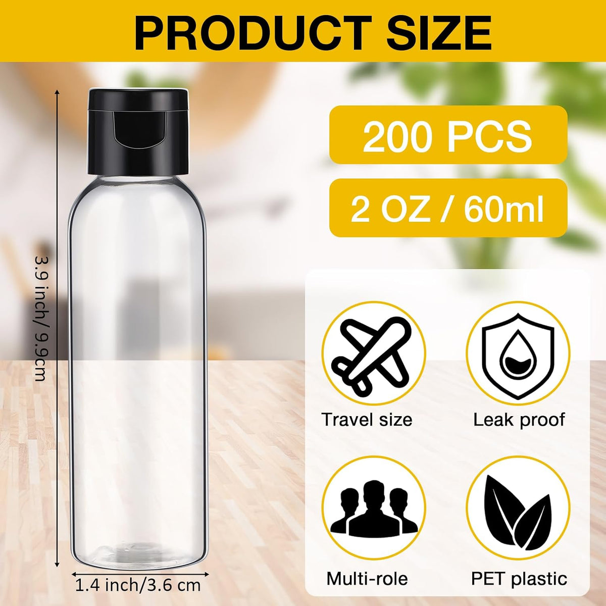 Zhehao 200 Pcs 2 oz Clear Plastic Empty Bottles with Lids(Black Cap)