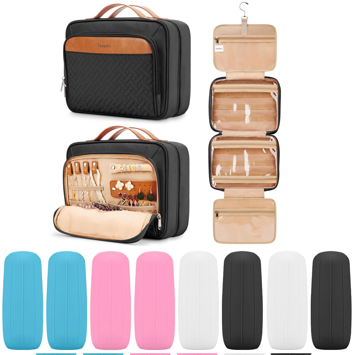 COOSKY Travel Hanging Toiletry Bag for Women, Cruise Ship Essentials, with Jewelry Organizer, Extra Large Makeup Dopp Kit, Waterproof Cosmetic Bags, Toiletries Kit Set with Trolley Belt, Blue