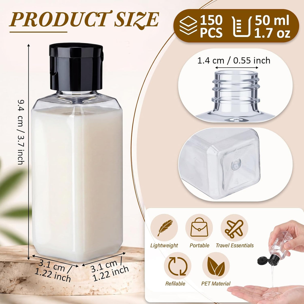 Mimorou 150 Pcs 2oz Travel Bottles Bulk Square Bottle for Toiletries