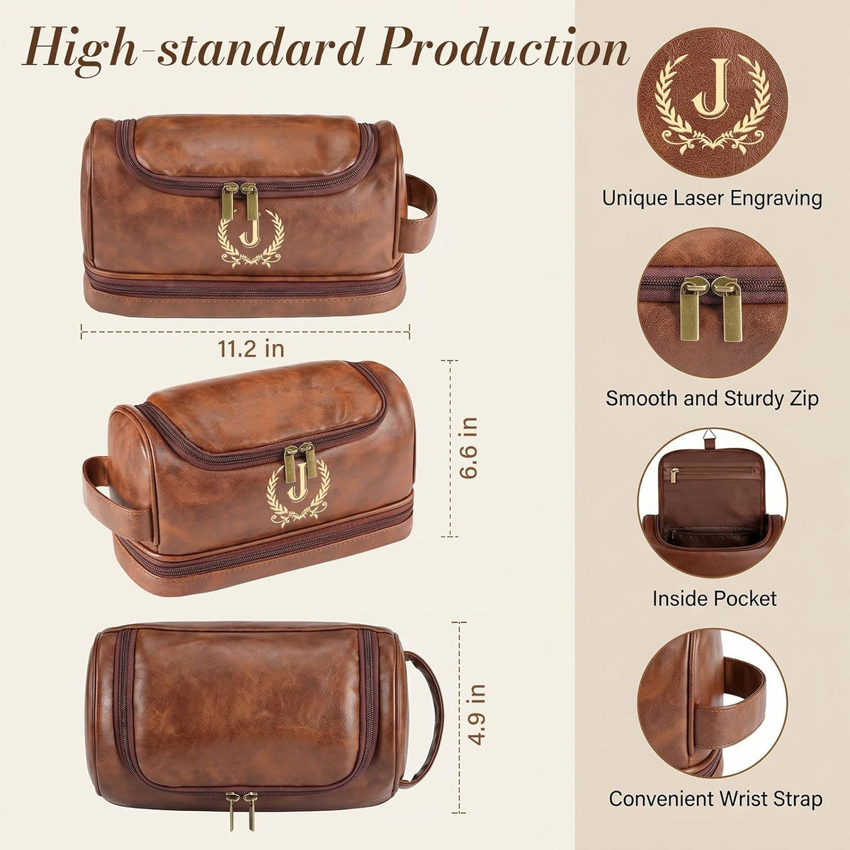 Father's Day Travel Toiletry Bag for Men, Leather Waterproof Shaving Kit Bag with Hanging Hook, Birthday Anniversary Christmas Presents for Father(DB-P)