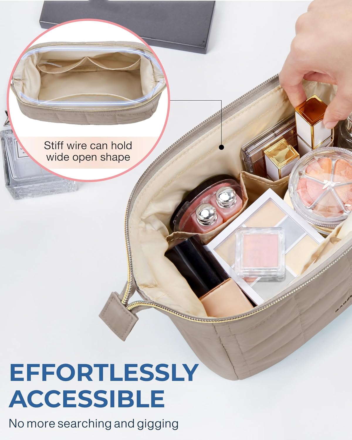 BAGSMART Makeup Bag Travel Toiletry Bag, Wide-open Zipper Pouch, Greige