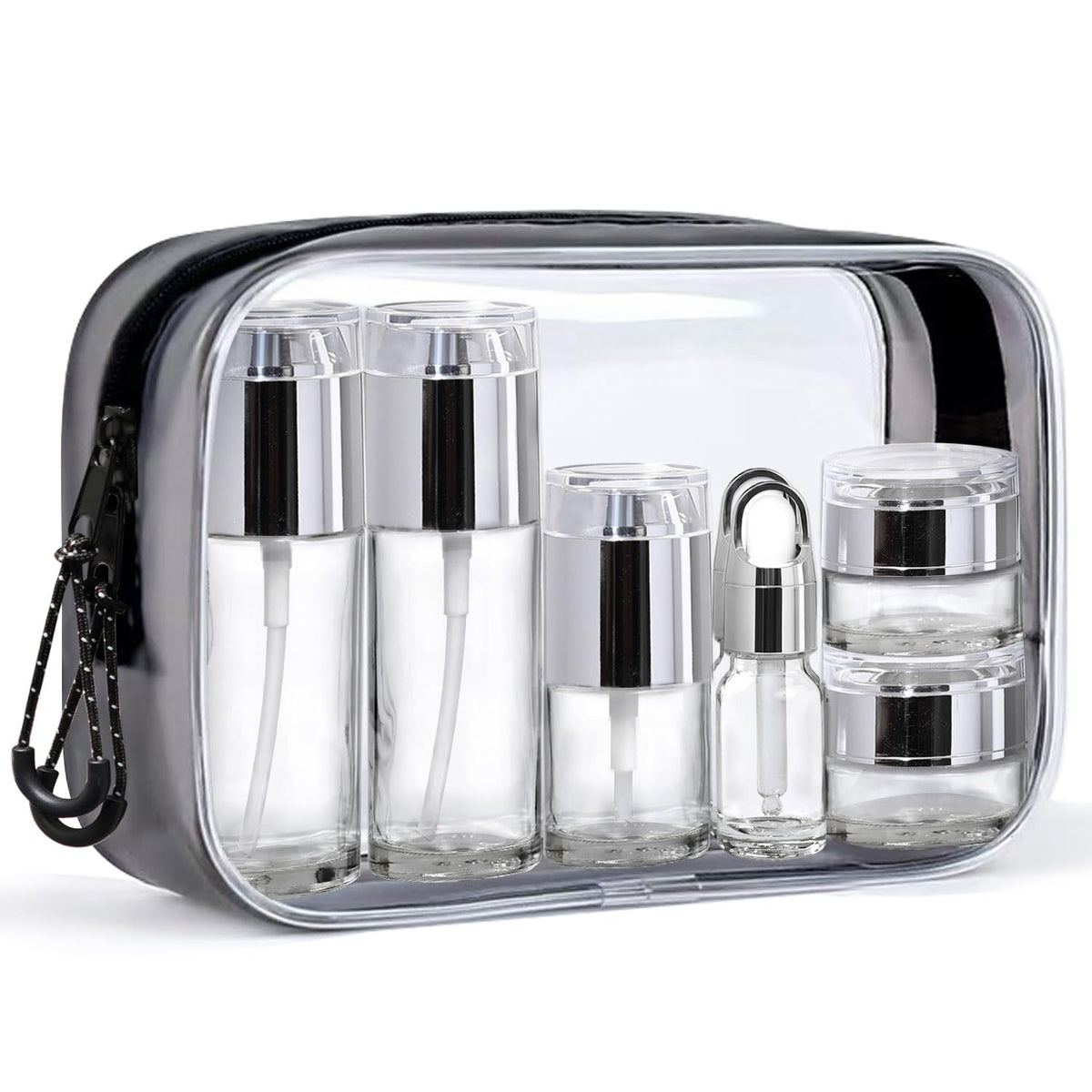 Glass Travel Bottles for Toiletries, TSA Approved, Leak Proof Refillable Travel Size Containers with Pump Spray Dropper Jars for Skincare Lotion Cream or Shampoo