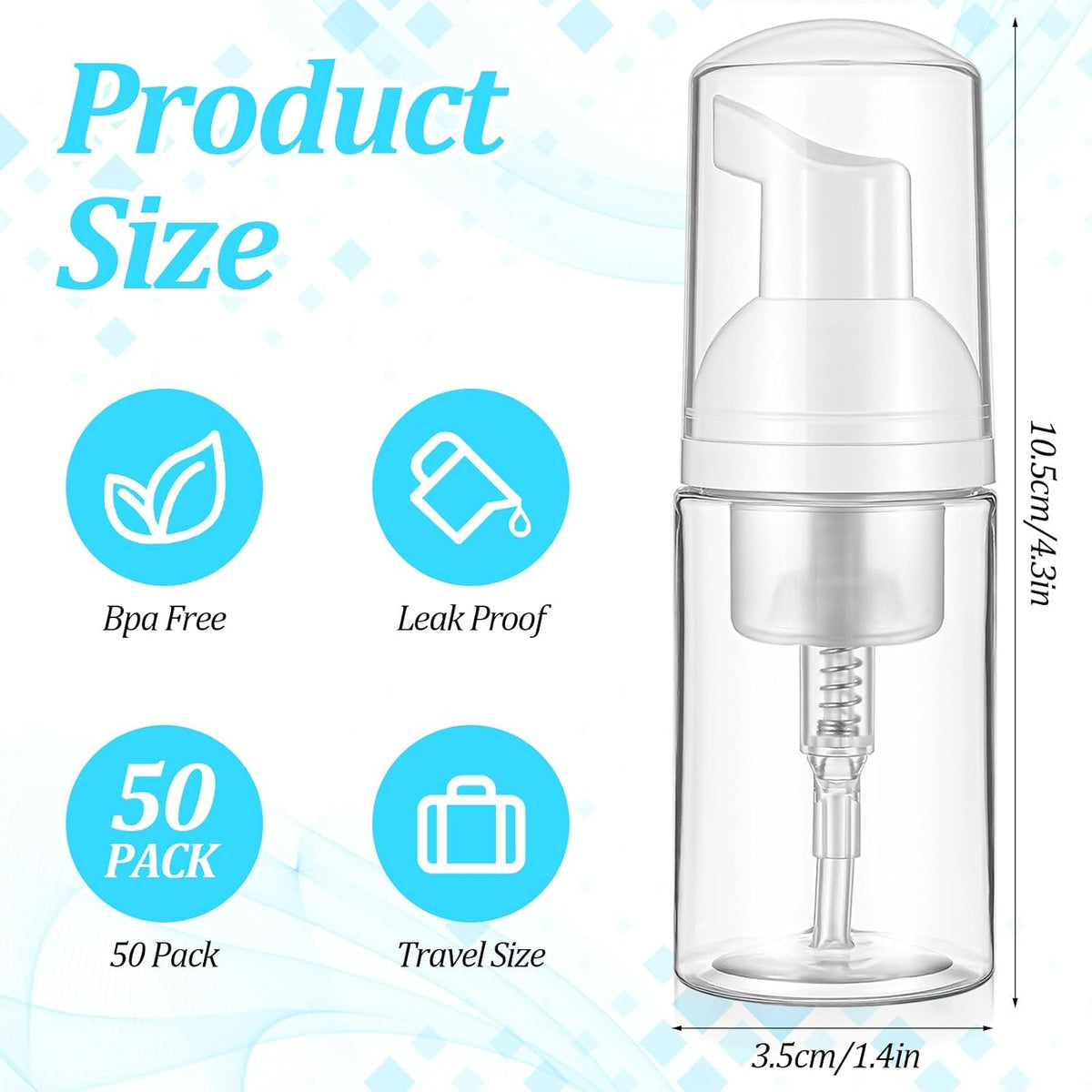 50Pcs Foam Pump Bottle 1oz Refillable Dispenser Bulk Travel Size Plastic Mini Empty Foaming Bottles 1 oz Portable Clear Foaming Pump Bottle for Lash Shampoo, Cleaning, Cosmetics (30ml)