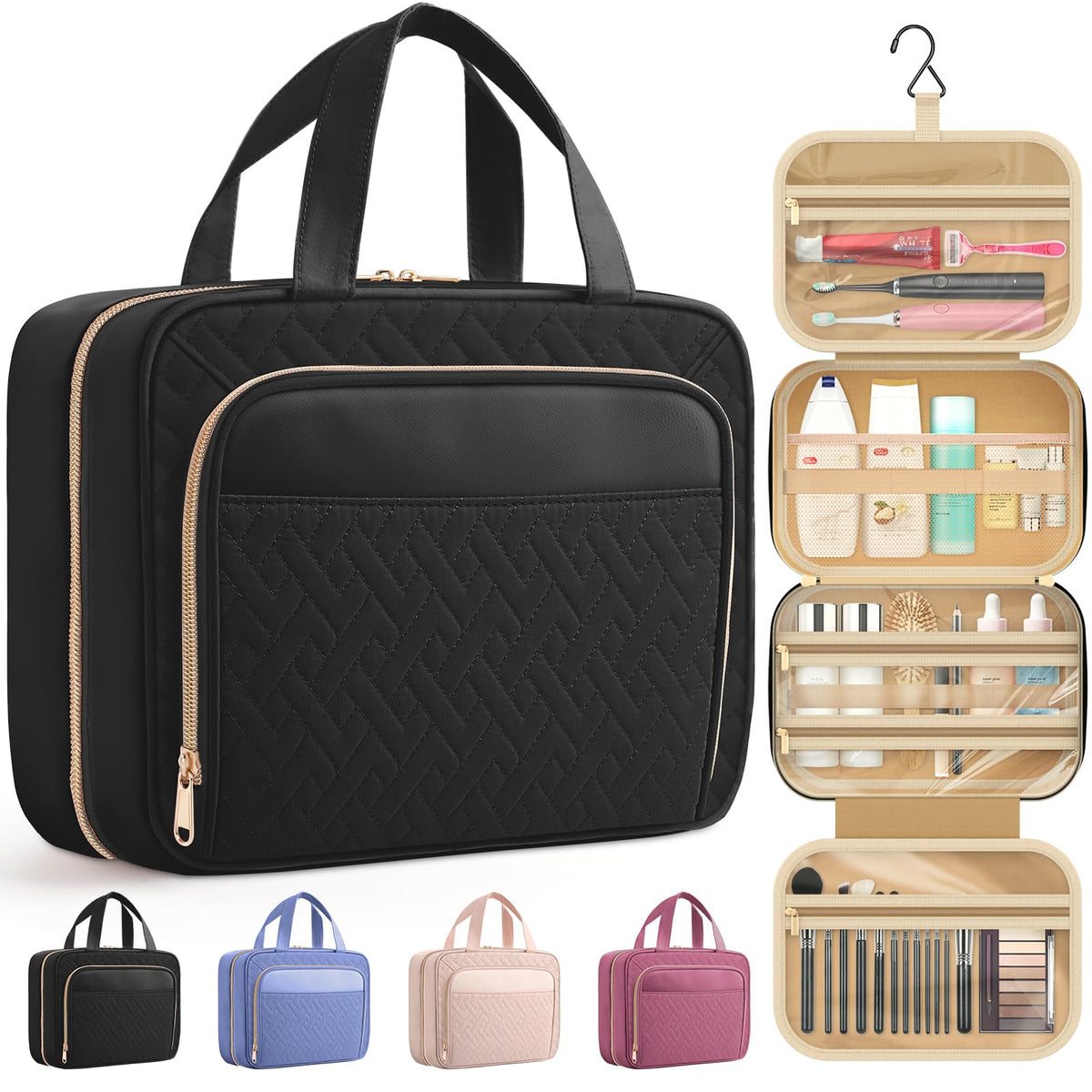 HOTOR Hanging Travel Toiletry Bag Women Men, Rosewood-Pink, Medium