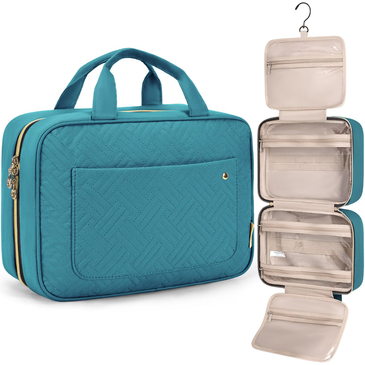 BAGSMART Toiletry Bag Travel Bag with Hanging Hook, Water-resistant Makeup Cosmetic Bag Travel Organizer for Accessories, Shampoo, Full-size Container, Toiletries (Green, Medium)