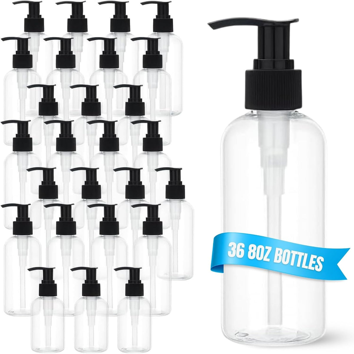 ReGar 36 Pack Empty Pump Bottles 8oz – Clear Plastic Refillable Containers with Locking Pump Dispenser for Lotion, Shampoo, Soap, Oil, Cream, Conditioner, Travel Size Bulk Toiletry Bottles