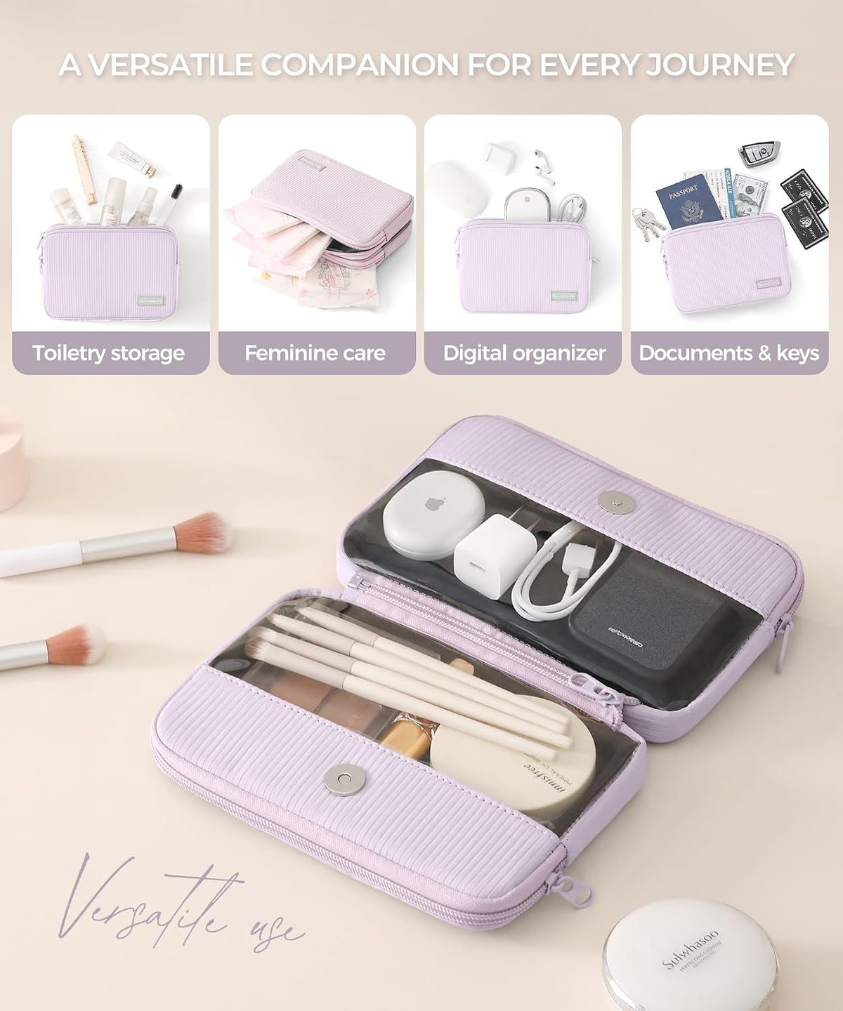 Rectangle Double Detachable Travel Pouch, 2-in-1 Two-Sided Makeup Bag for Women, Clear-Side Cosmetic Organizer for Beauty, Tech Accessories and Travel Essentials