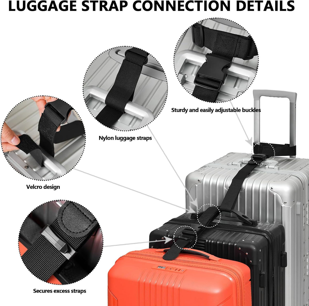 BILIONE 4 Pack Luggage Connector Straps,Connect 3 Suitcases & Add A Bag