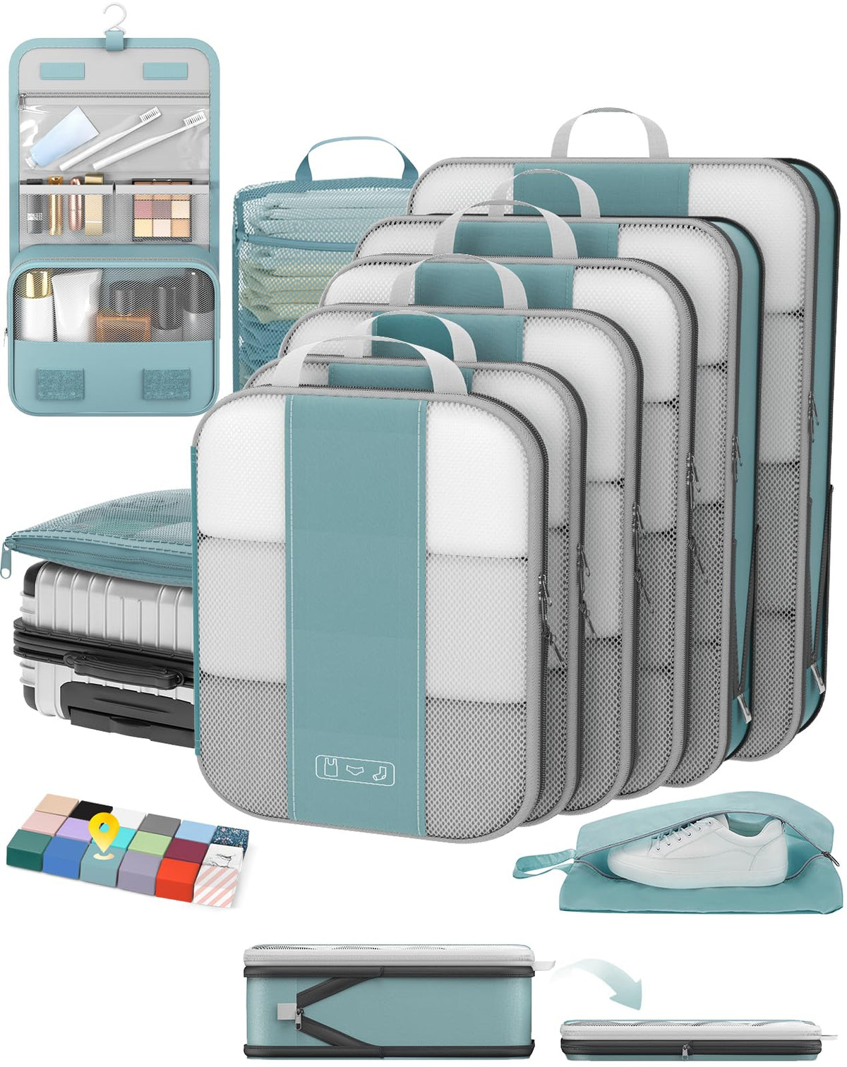 OlarHike 8 Set Compression Packing Cubes for Travel Gifts Mom Women,Airplane/Car/Cruise Travel Essentials,Compressible Expandable Space Saver Bags,Garment Bags with Over 1000 pcs Mesh Holes(Beige)