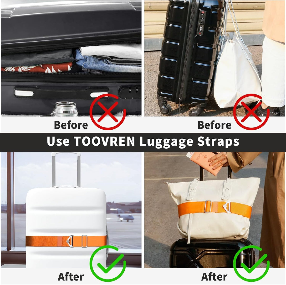 TOOVREN 2-in-1 Travel Belt for Luggage Straps Add a Bag Bungees Suitcase Luggage Strap Over Handle Suitcases Belt for Carry On Bag Adjustable Backpack Attachment Airport Travel Accessories Orange