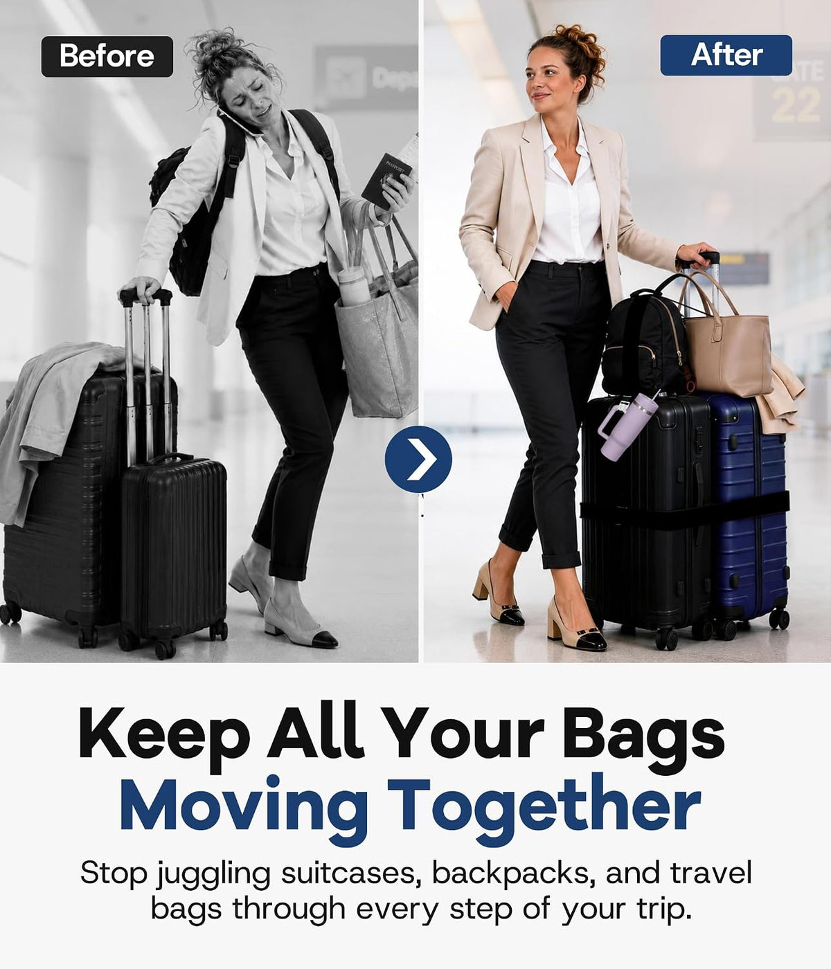 Adjustable Luggage Connector Straps for Suitcases, Multi Luggage Strap Kit for Family & Solo Travel, Keep Bags Together, Hands-Free Travel Strap for Carry-On & Checked Luggage