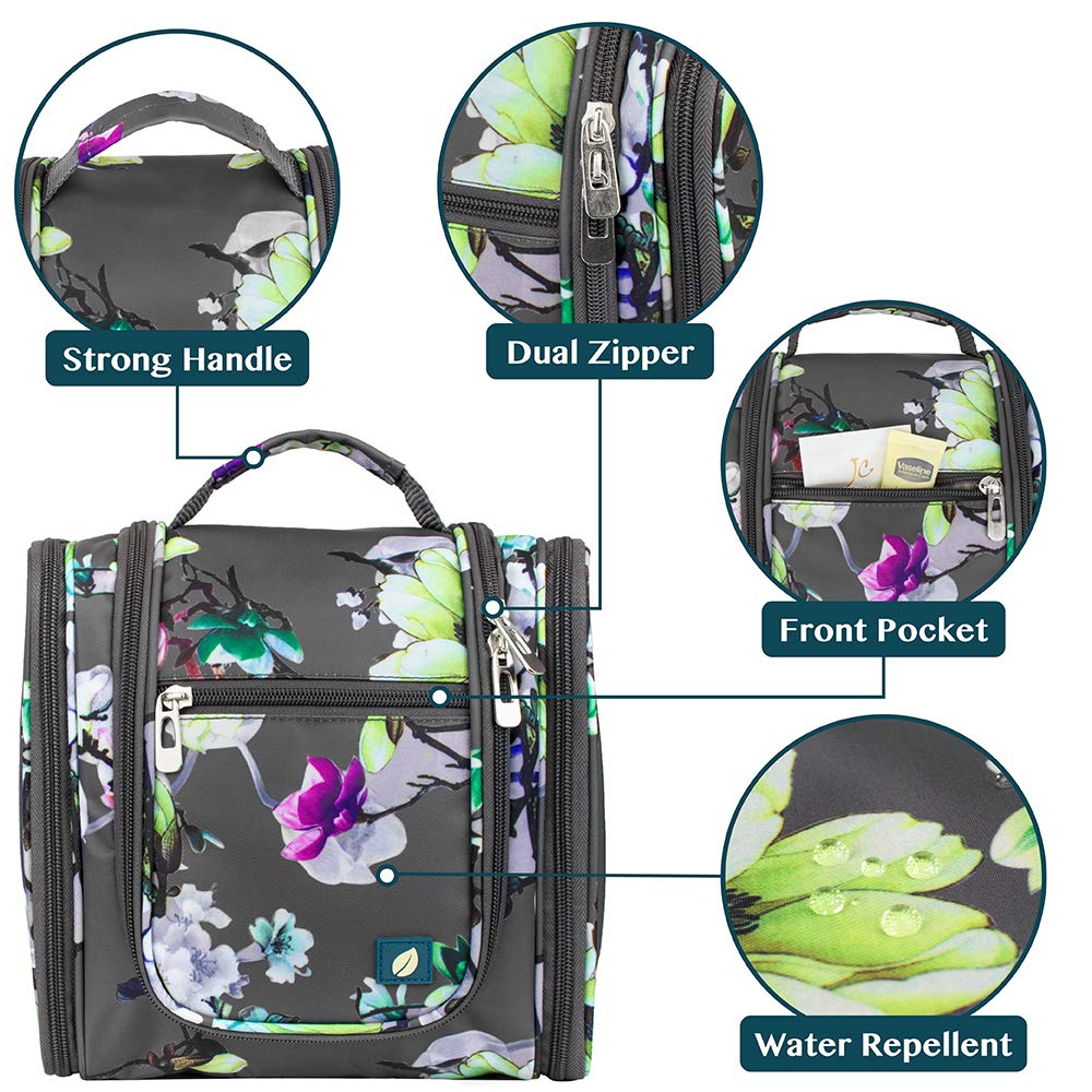 PAVILIA Toiletry Bag Travel Bag for Women Men, Hanging Cosmetic Organizer, Water Resistant Makeup Bag for Accessories Toiletries, Large Travel Essentials Kit (Floral Grey)