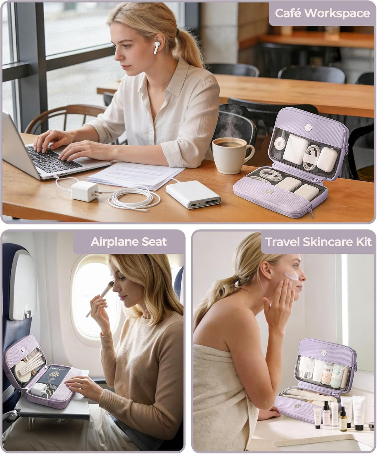 Rectangle Double Detachable Travel Pouch, 2-in-1 Two-Sided Makeup Bag for Women, Clear-Side Cosmetic Organizer for Beauty, Tech Accessories and Travel Essentials