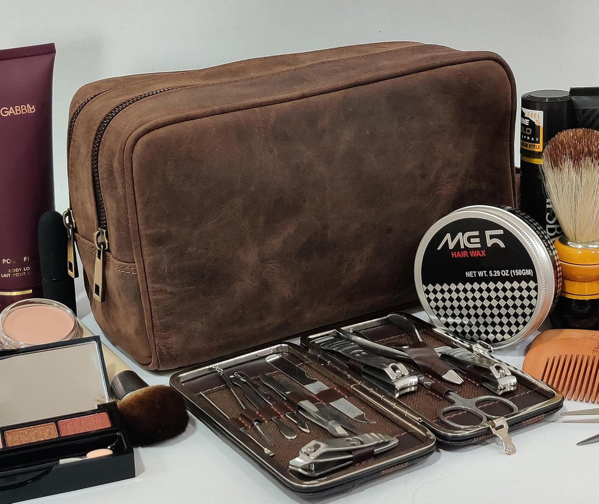 Leather Travel Toiletry Bag for Men, Full Grain Cosmetic Dopp Kit Organizer
