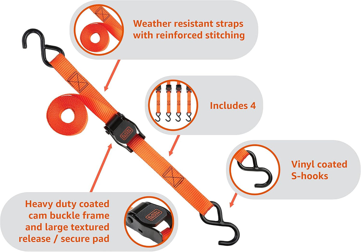 BLACK+DECKER 1" x 10' Light-Duty Cambuckle Tie-Down Straps, 4-Pack