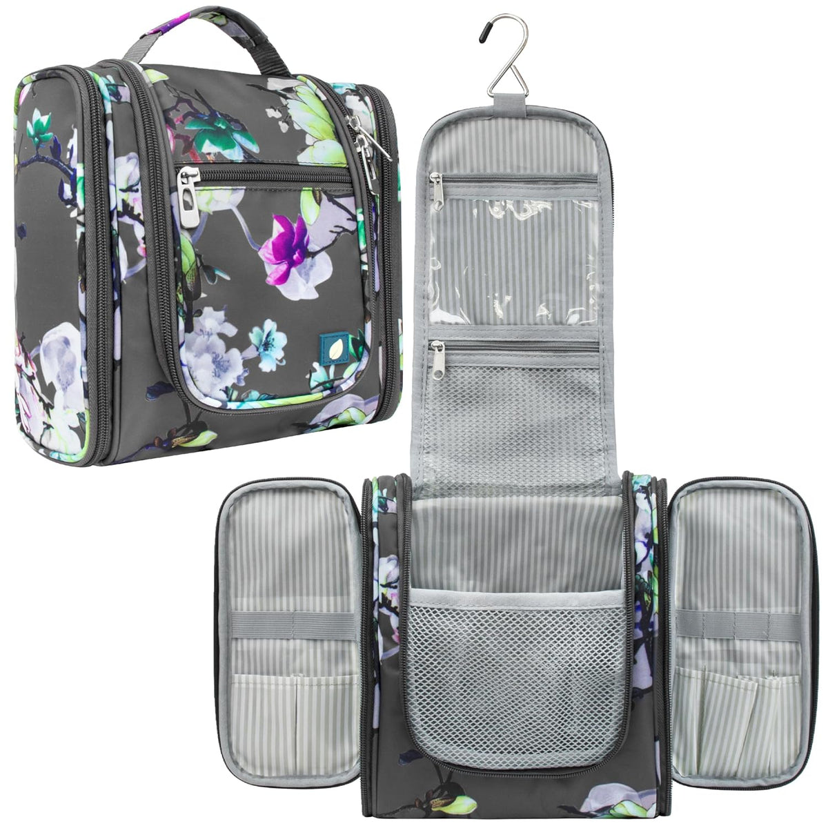 PAVILIA Toiletry Bag Travel Bag for Women Men, Hanging Cosmetic Organizer, Water Resistant Makeup Bag for Accessories Toiletries, Large Travel Essentials Kit (Floral Grey)