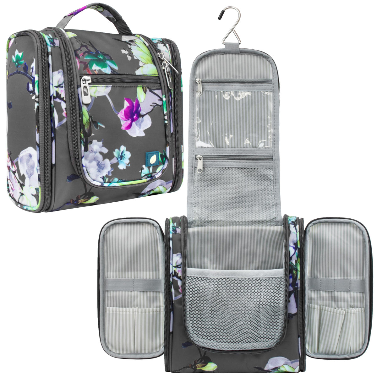 PAVILIA Toiletry Bag Travel Bag for Women Men, Hanging Cosmetic Organizer, Water Resistant Makeup Bag for Accessories Toiletries, Large Travel Essentials Kit (Floral Grey)
