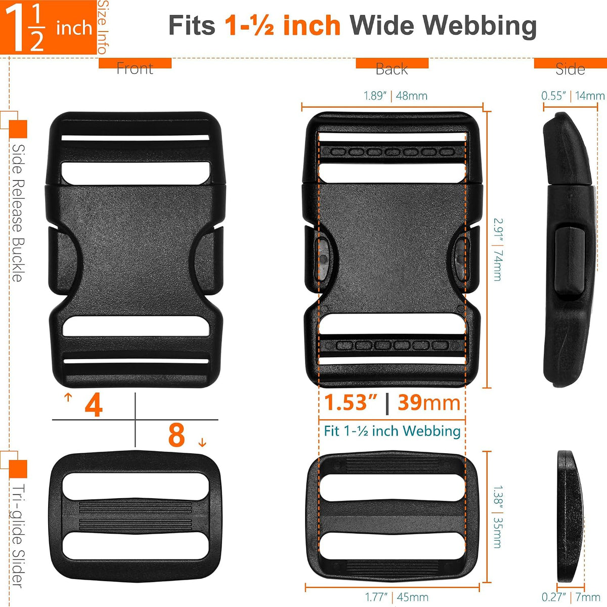1-1/2" Straps and Buckles Set: 6 yard Nylon Webbing 1.5 inch (38 mm) Wide, 4 pack Side Release Buckle, 8 pcs Tri-Glide Sliders, Plastic Clip Fasteners Replacement Heavy Duty Dual Adjustable No Sew