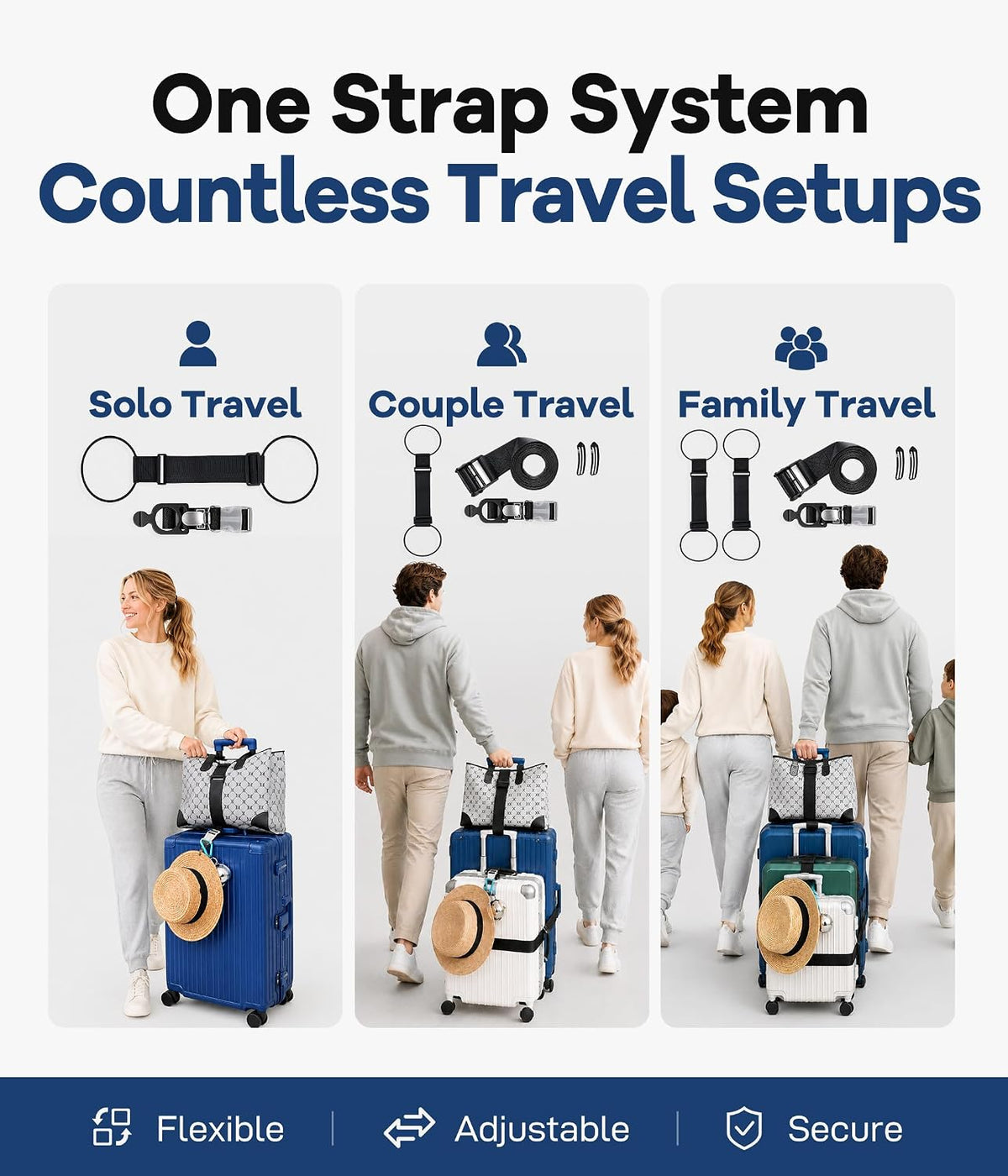 Adjustable Luggage Connector Straps for Suitcases, Multi Luggage Strap Kit for Family & Solo Travel, Keep Bags Together, Hands-Free Travel Strap for Carry-On & Checked Luggage