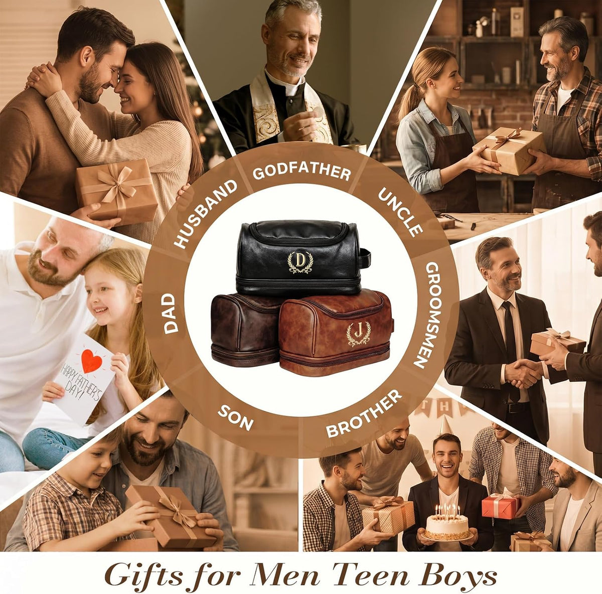 Father's Day Travel Toiletry Bag for Men, Leather Waterproof Shaving Kit Bag with Hanging Hook, Birthday Anniversary Christmas Presents for Father(DB-P)