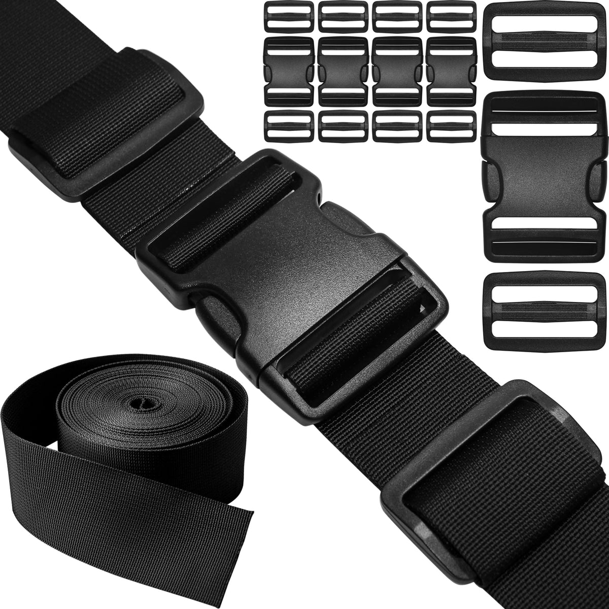 1-1/2" Straps and Buckles Set: 6 yard Nylon Webbing 1.5 inch (38 mm) Wide, 4 pack Side Release Buckle, 8 pcs Tri-Glide Sliders, Plastic Clip Fasteners Replacement Heavy Duty Dual Adjustable No Sew