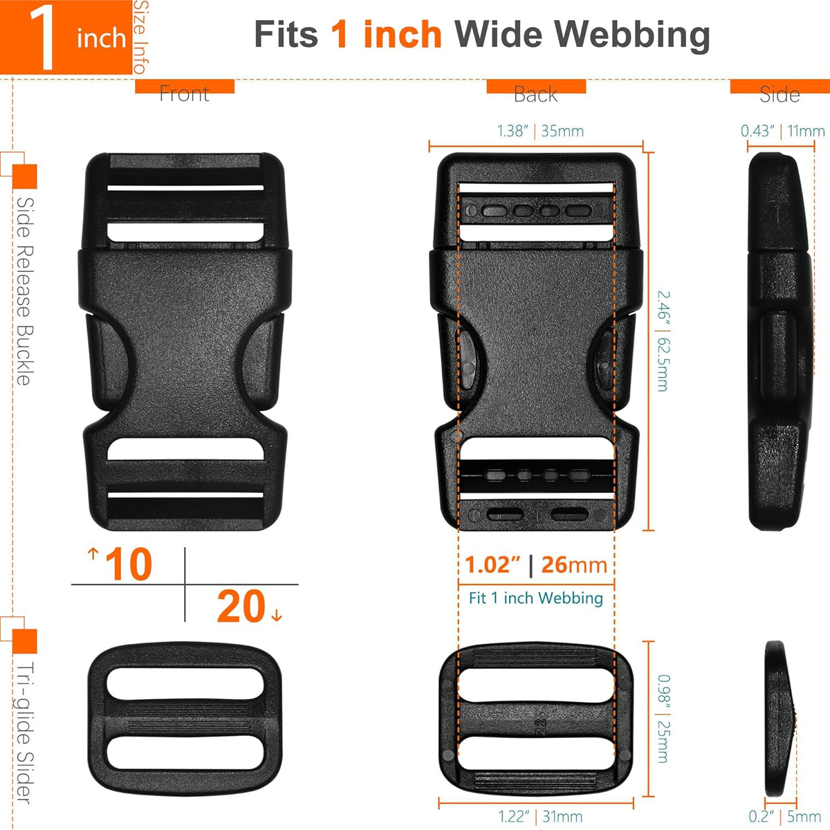 1 inch Straps and Buckles Set: 12 Yard Nylon Webbing Strap 1" Wide, 10 Pack Side Release Plastic Buckle, 20 pcs Tri-Glide Slide Clip, Heavy Duty Quick Snap Fastener Dual Adjustable No Sewing Required
