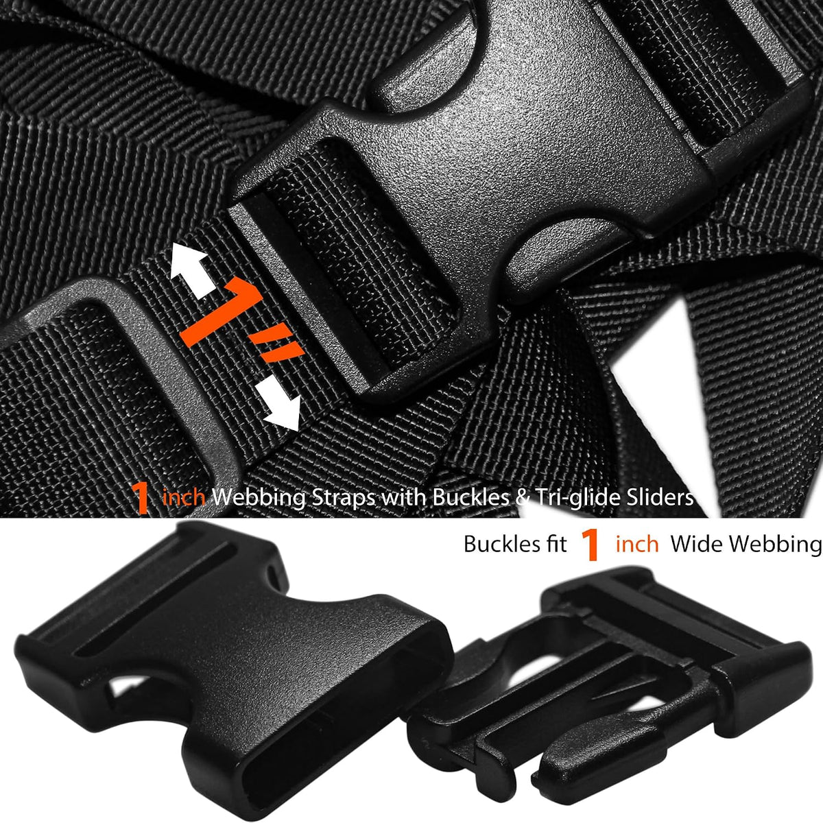 1 inch Straps and Buckles Set: 12 Yard Nylon Webbing Strap 1" Wide, 10 Pack Side Release Plastic Buckle, 20 pcs Tri-Glide Slide Clip, Heavy Duty Quick Snap Fastener Dual Adjustable No Sewing Required