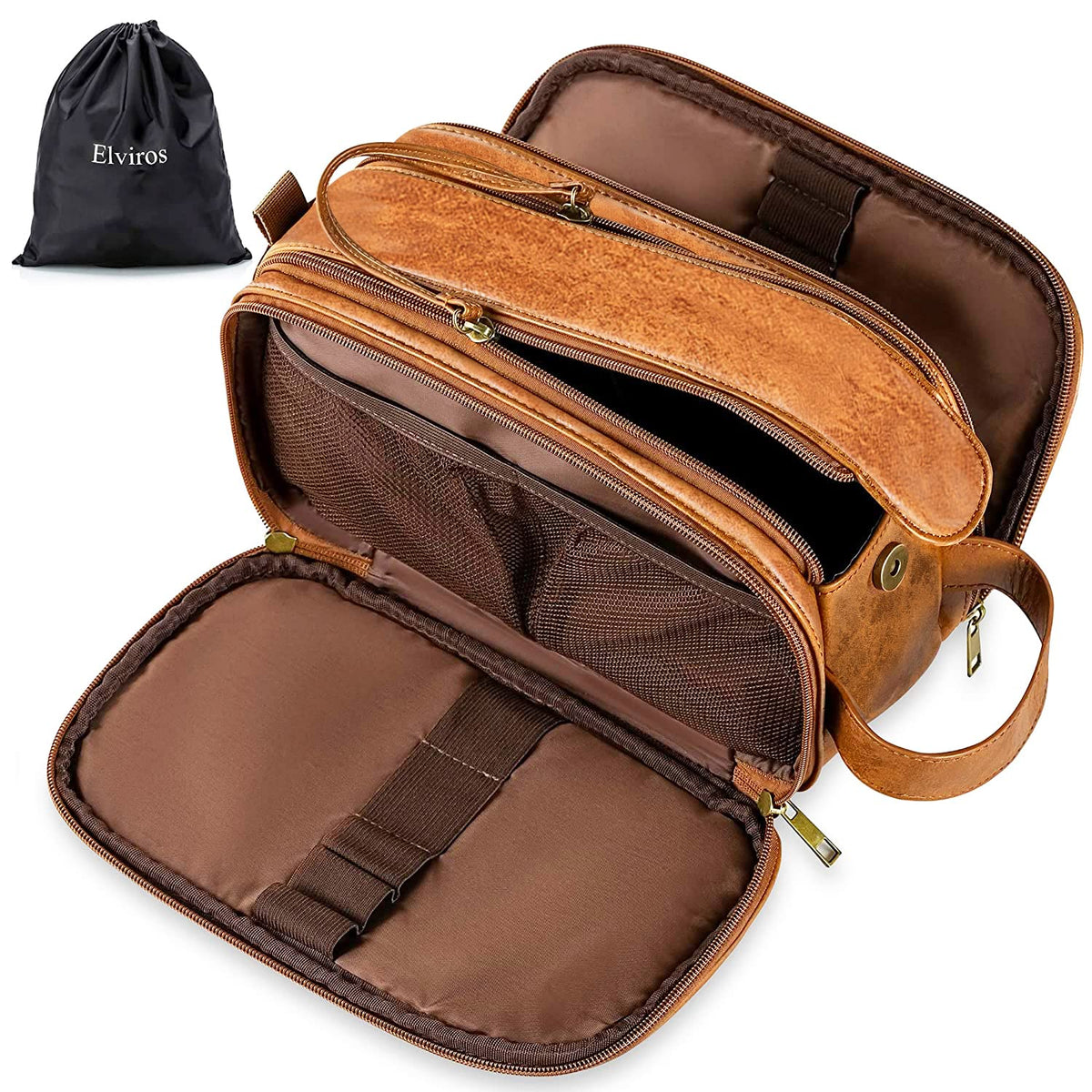 Elviros Toiletry Bag for Men PU Leather Shaving Dopp Kit (Large,Brown)