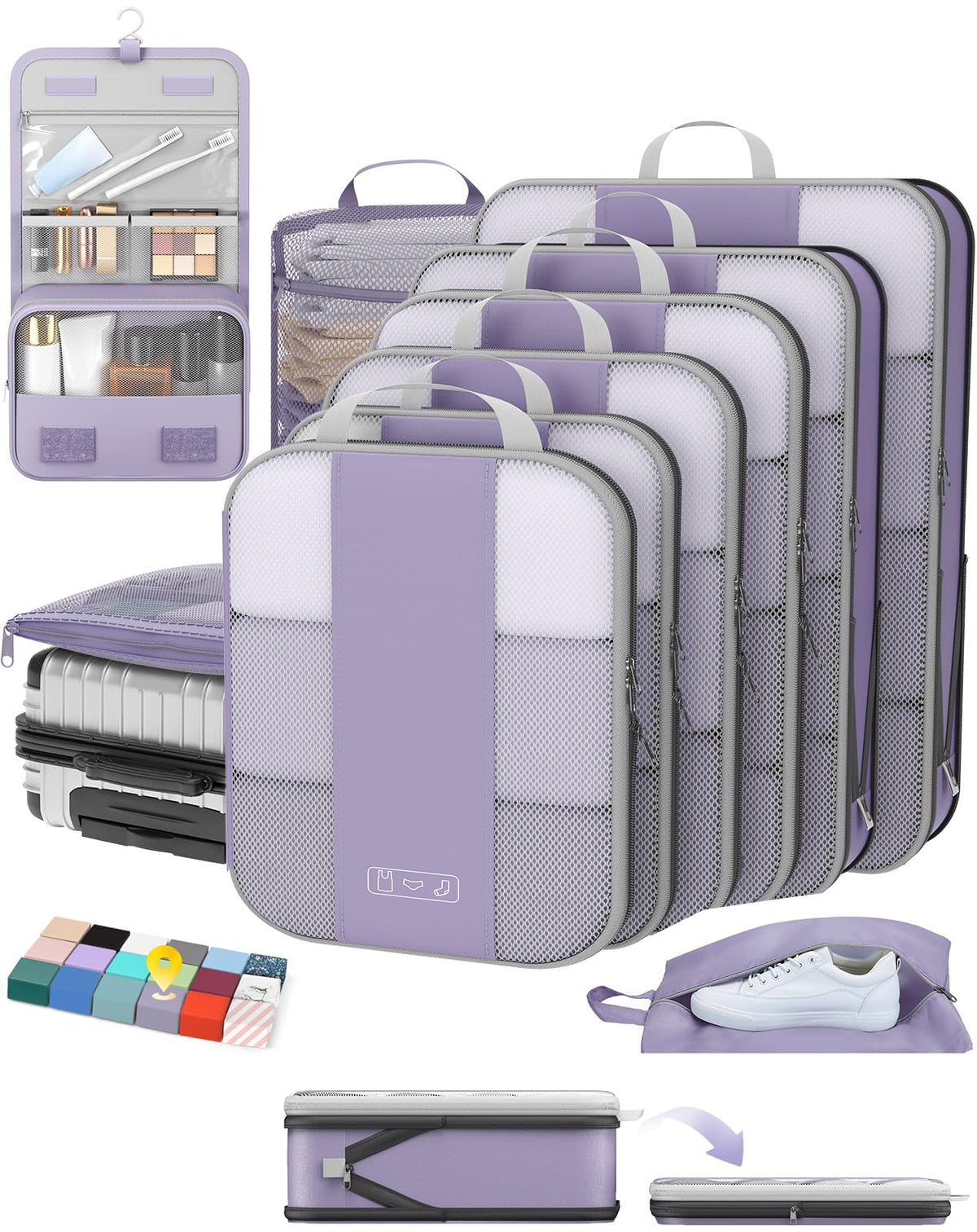 OlarHike 8 Set Compression Packing Cubes for Travel Gifts Mom Women,Airplane/Car/Cruise Travel Essentials,Compressible Expandable Space Saver Bags,Garment Bags with Over 1000 pcs Mesh Holes(Beige)