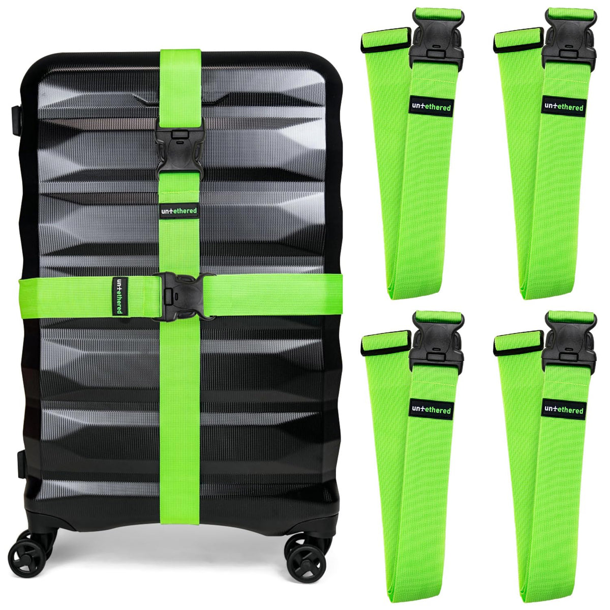 Untethered Travel Set: Luggage Straps & Silicone Tags, 4-Pack, Green