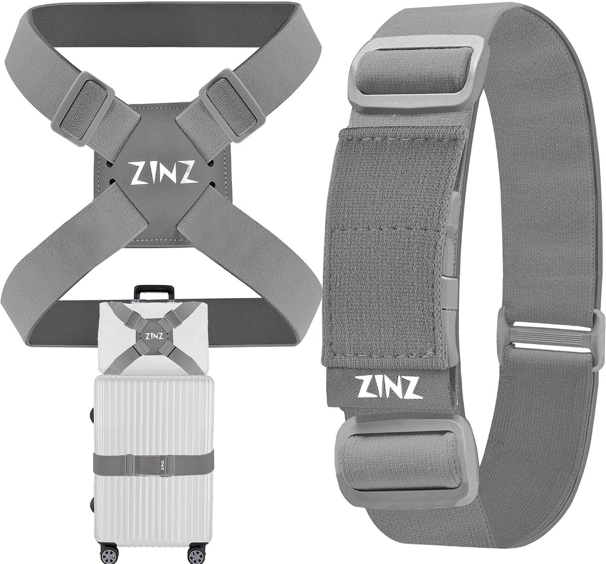 ZINZ 2-Pack High Elastic Luggage Strap Adjustable Suitcase Belt,Gray
