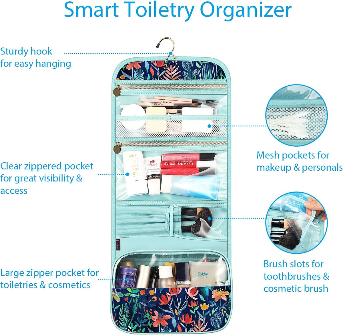 FINTIE Portable Toiletry Cosmetic Travel Bag Hanging Makeup Organizer