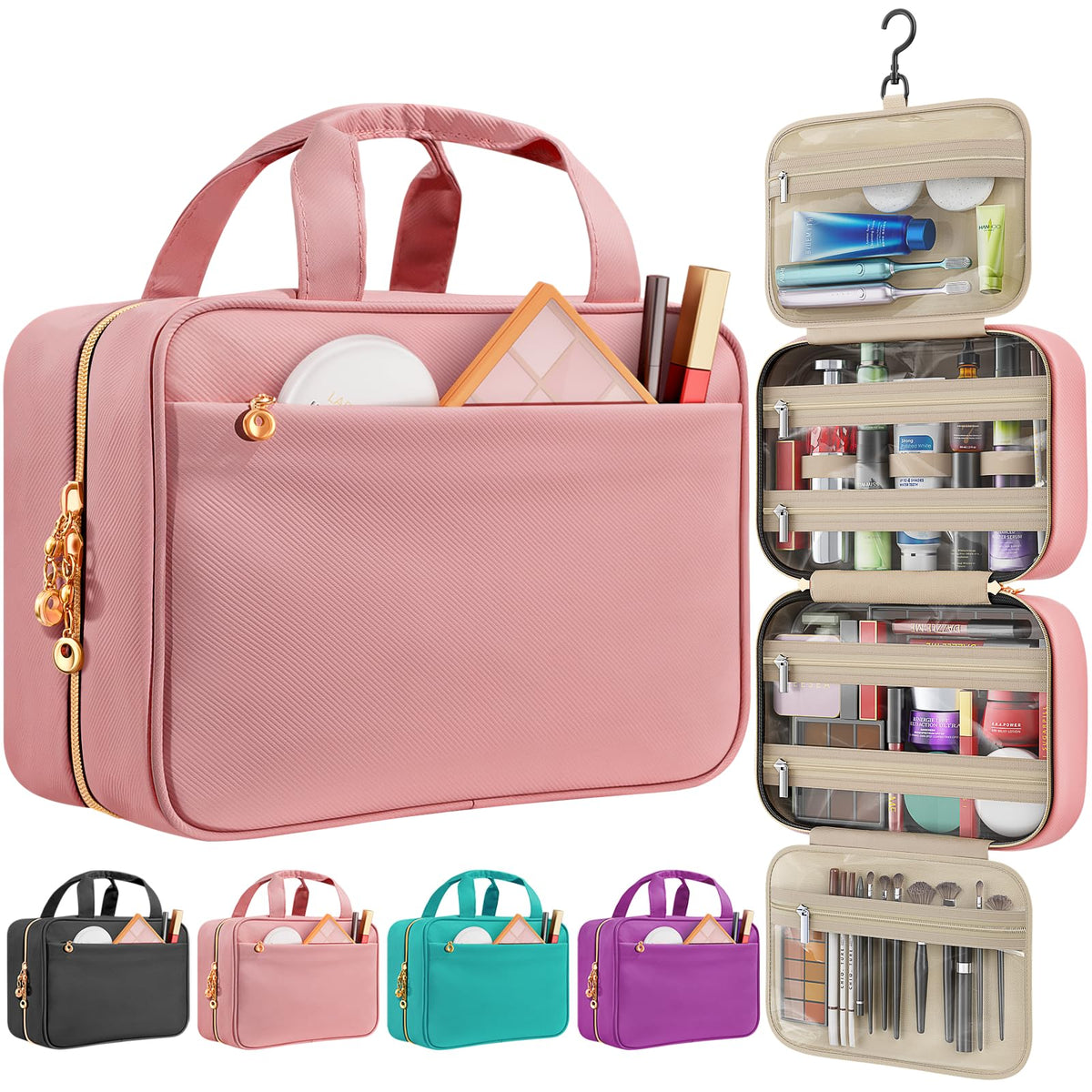 Travel Toiletry Bag for Women, Hanging Makeup Organizer Clear Pockets